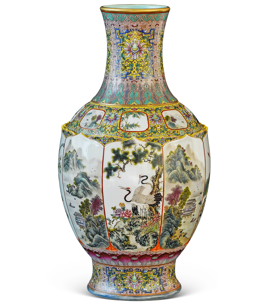 乾隆粉彩开光花卉八方笔筒,乾隆御制黄地粉彩花鸟六方瓶