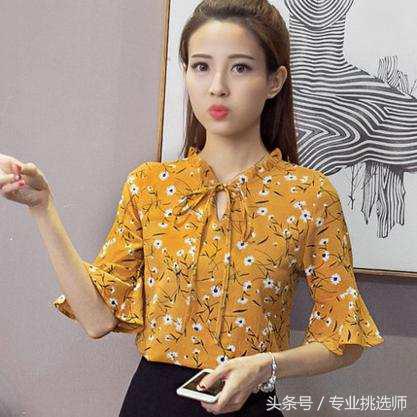 长袖雪纺衫上衣碎花时尚荷叶边,方领碎花雪纺衫荷叶边绑带短袖