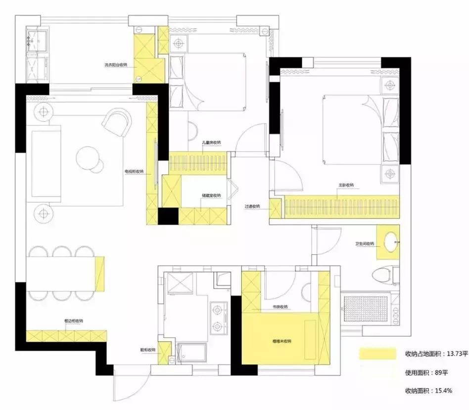 89平美式小三房,光收纳就占15.4%,美得摄人!(附平面图)