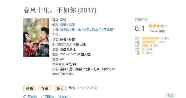 《春风十里不如你》豆瓣评分一路下跌,剧情和节奏遭吐槽,周冬雨、张一山演技受好评