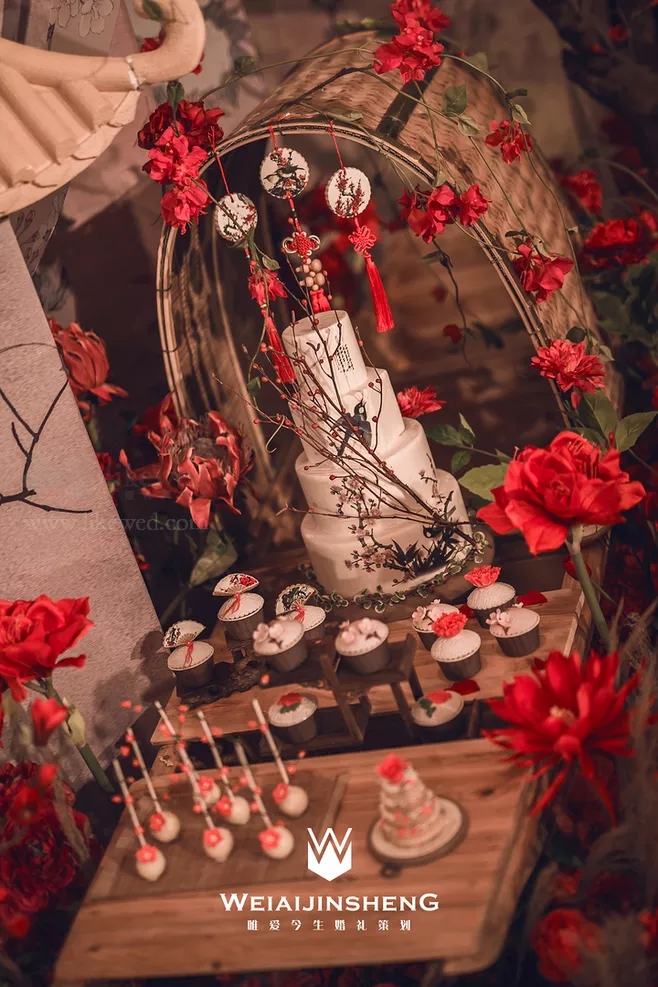 户外婚礼场景布置效果图,红色系婚礼户外布置场景