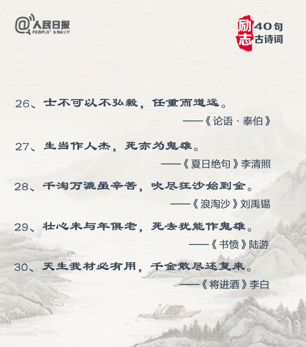 人民日报关于中国古诗词金句,人民日报励志古诗词