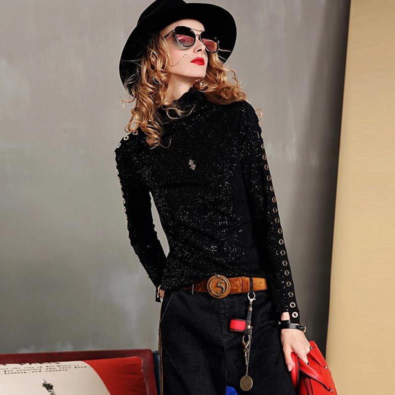 黑色中领打底衫秋冬女厚,百搭秋冬必备万能打底衫黑色的