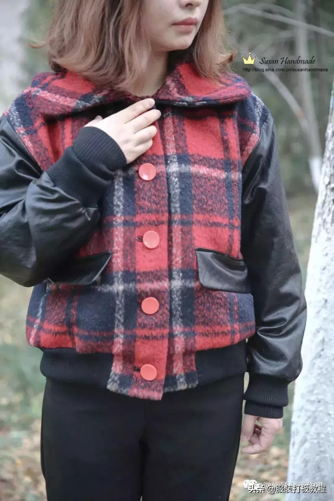 pu拼接呢外套,呢子拼接短款裁剪视频