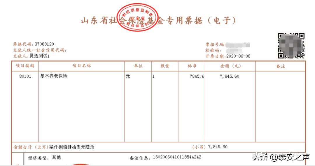山东省泰安市岱岳区社保缴费公告,社会保险基金缴费单据