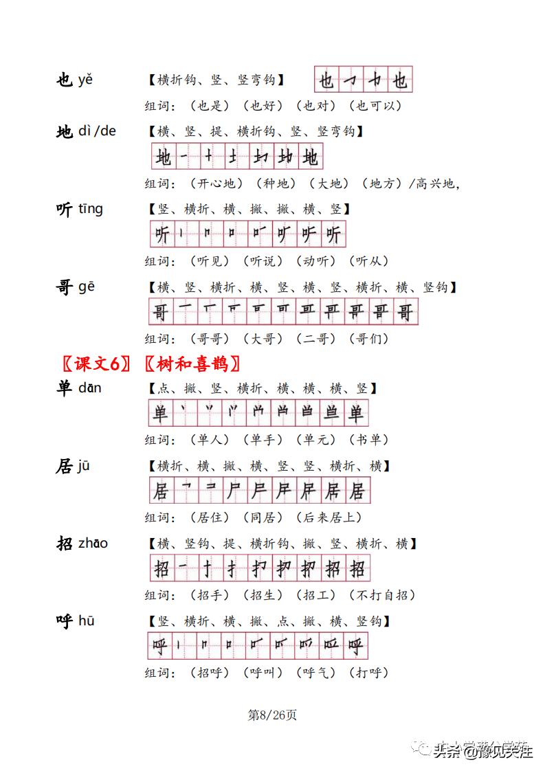 一年级语文下册生字组词及笔顺,一年级语文下册生字笔顺打印版