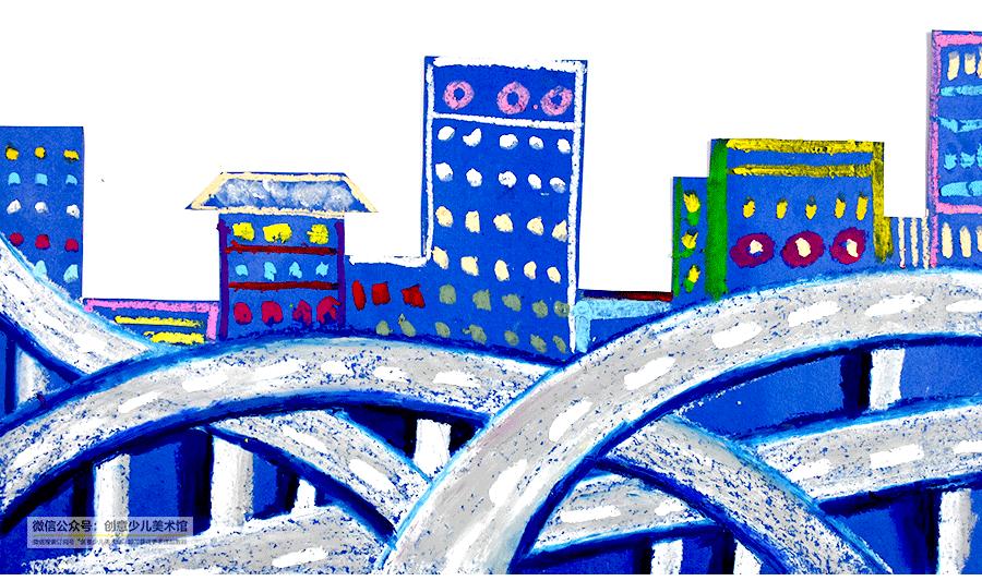 美丽的城市油画棒儿童画,儿童怎么画夜空油画棒