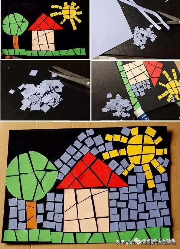 用圆纸片手工制作圣诞贴画,幼儿园大班碎纸片大树贴画