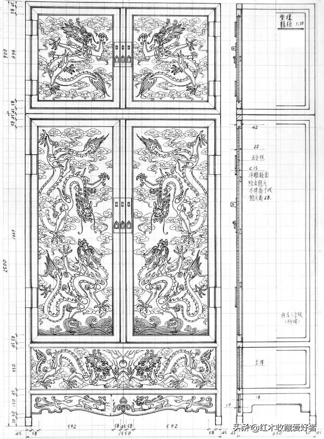 中国传统家具手绘三视图,古典家具设计图纸