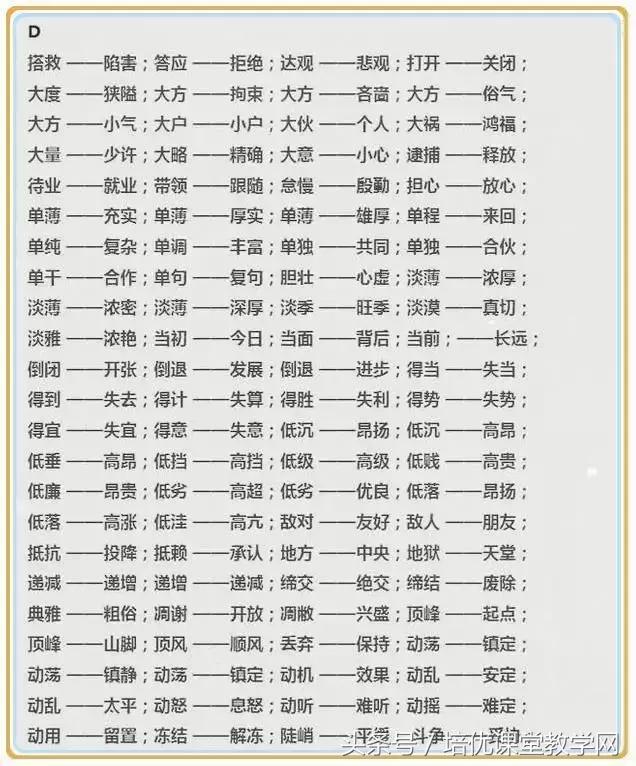 反义词大全1-6年级必背打印,小学语文1000组近义词和反义词