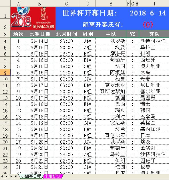 世界杯2022赛程表excel,世界杯小组赛积分表