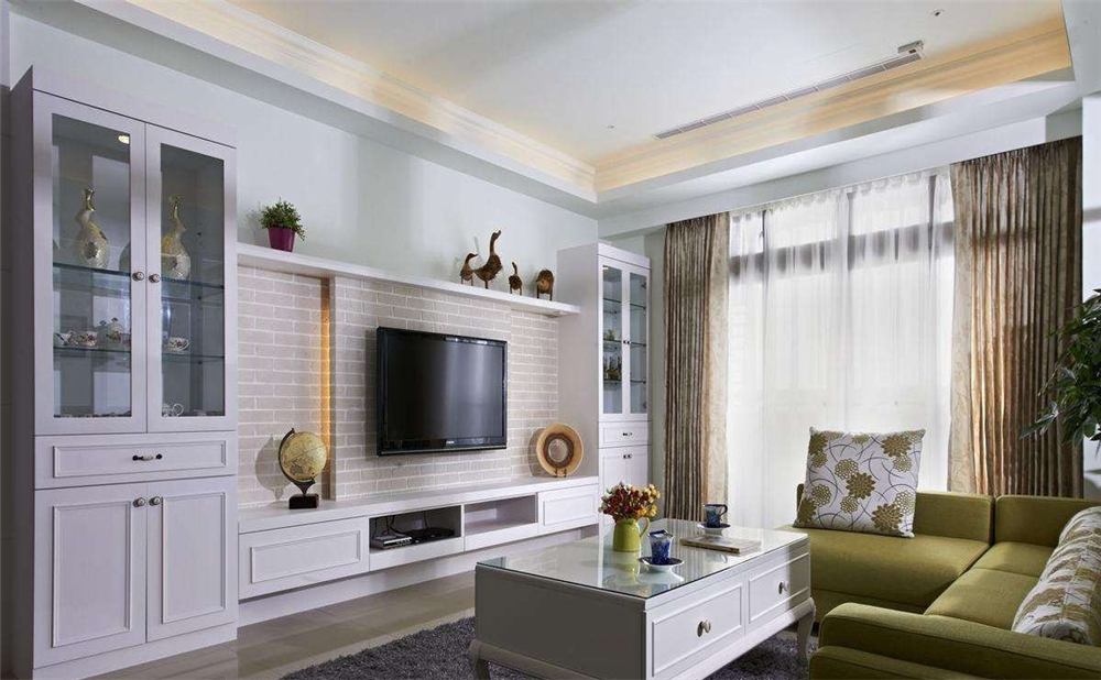 长方形客厅沙发储物柜设计效果图,客厅靠墙柜子储物柜宽1.2米暖白色