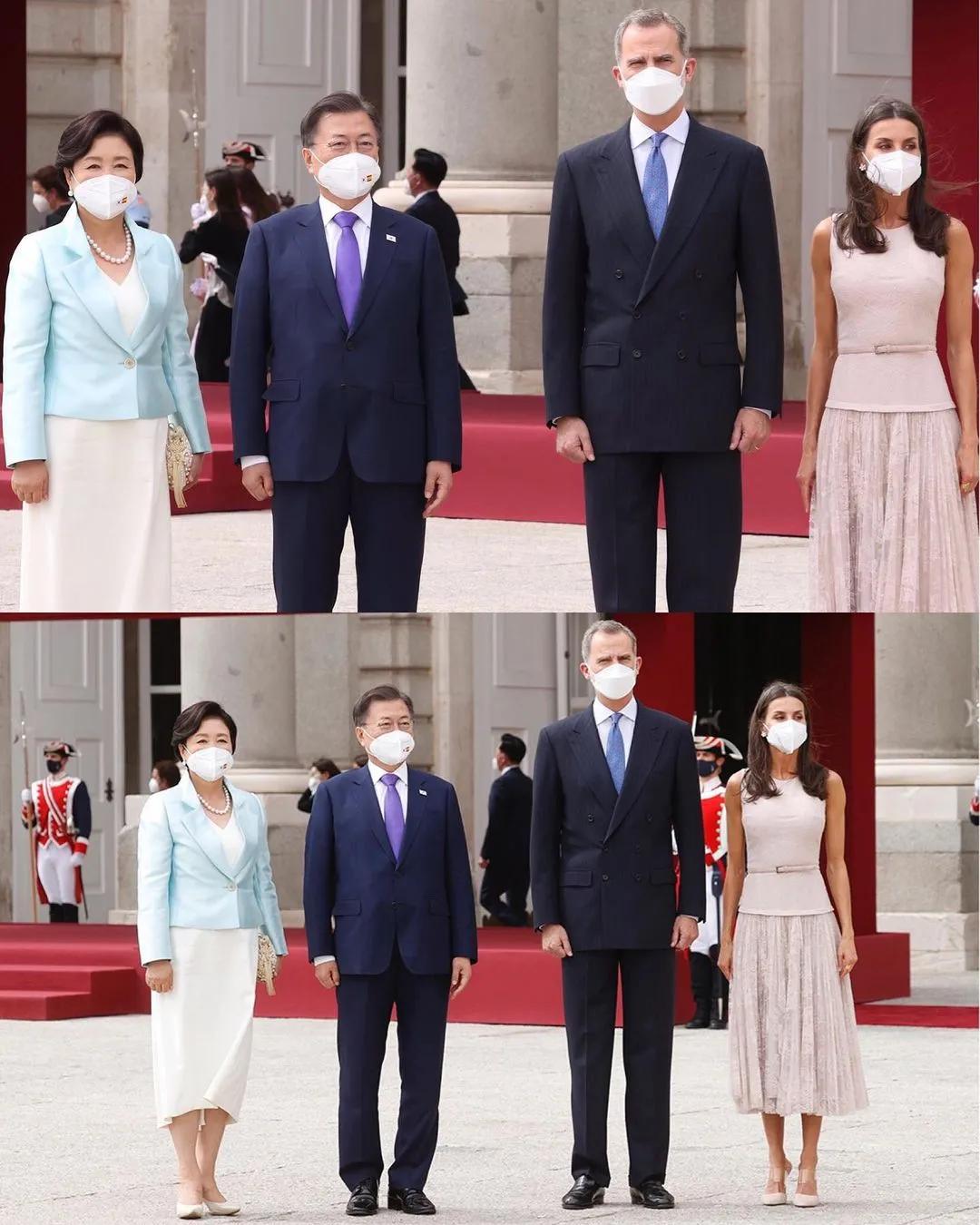 西班牙莱后不敌韩第一夫人，二穿旧裙老气突显，全靠高马尾撑精神