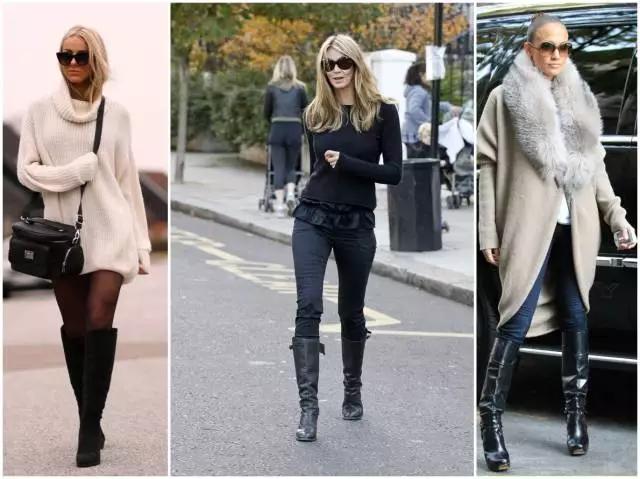 烟灰色牛仔裤怎么搭过膝靴,小香风皮毛外套搭配牛仔裤过膝靴