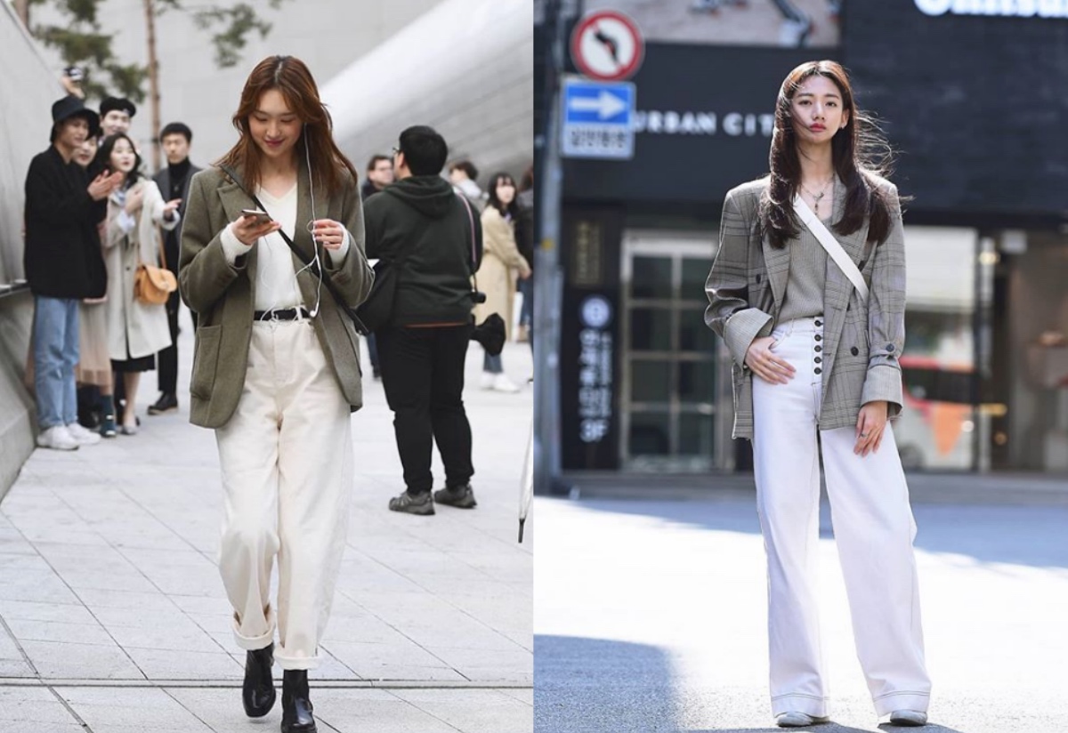 韩国街拍小姐姐穿牛仔外套,韩国时尚穿搭小姐姐上衣裤子