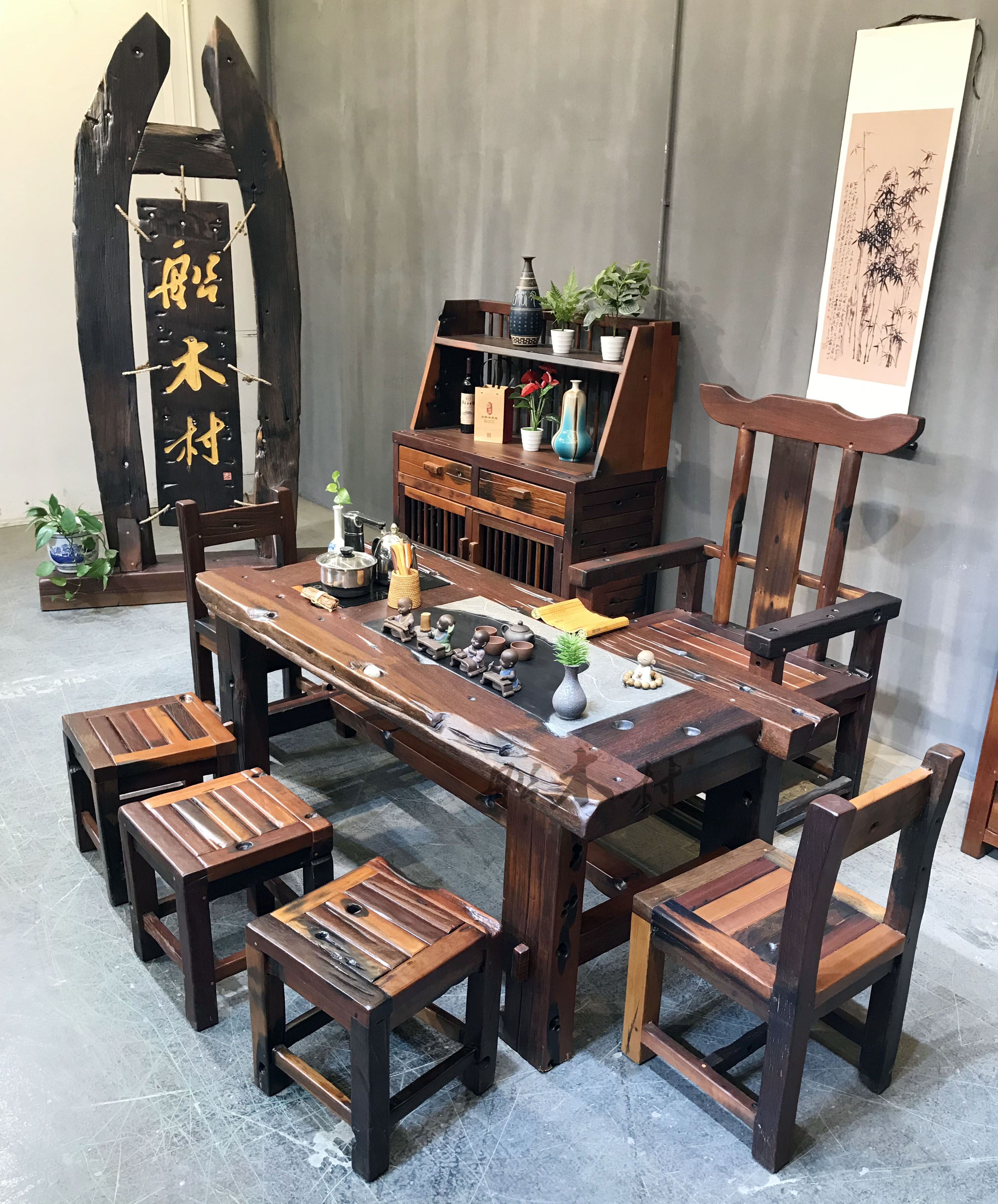 老船木茶桌椅组合现代简约茶几,原生态老船木茶几家用