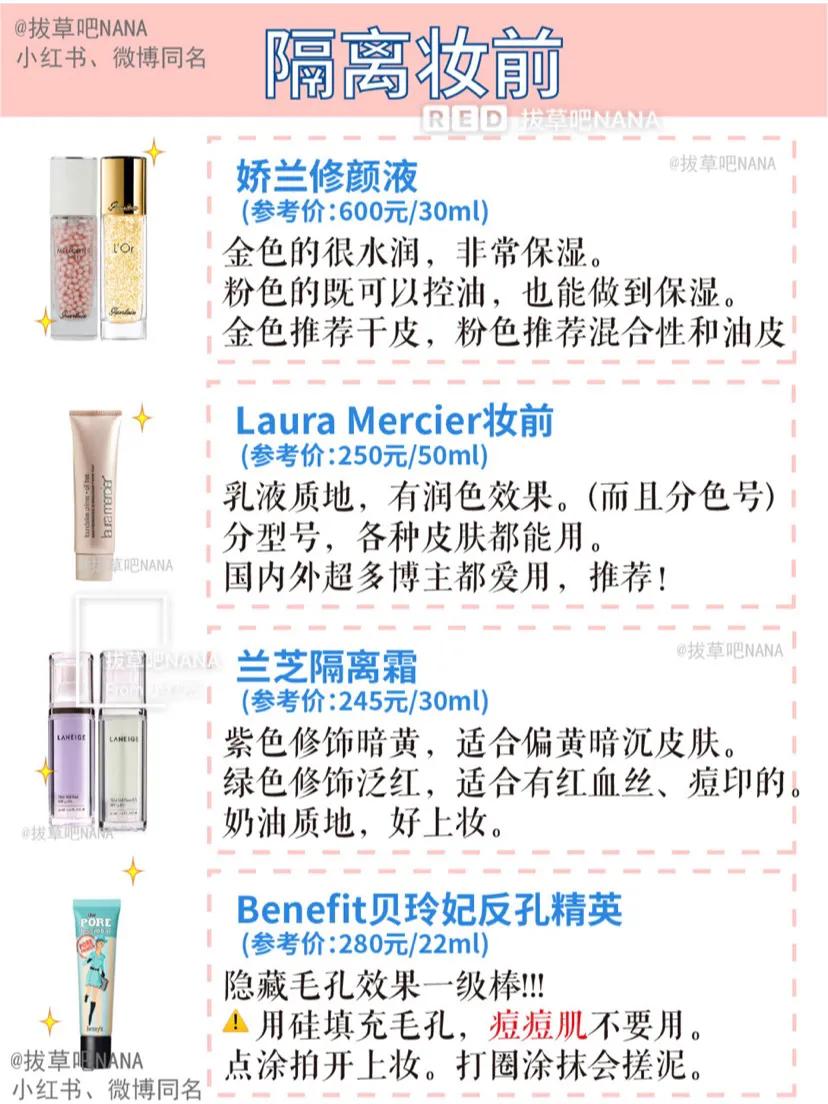 43款妆前乳、隔离功课功课合集，功效对比超干货