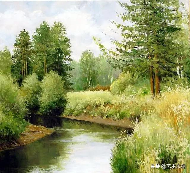 美丽又简单的远山倒影油画,风景优美的小河油画