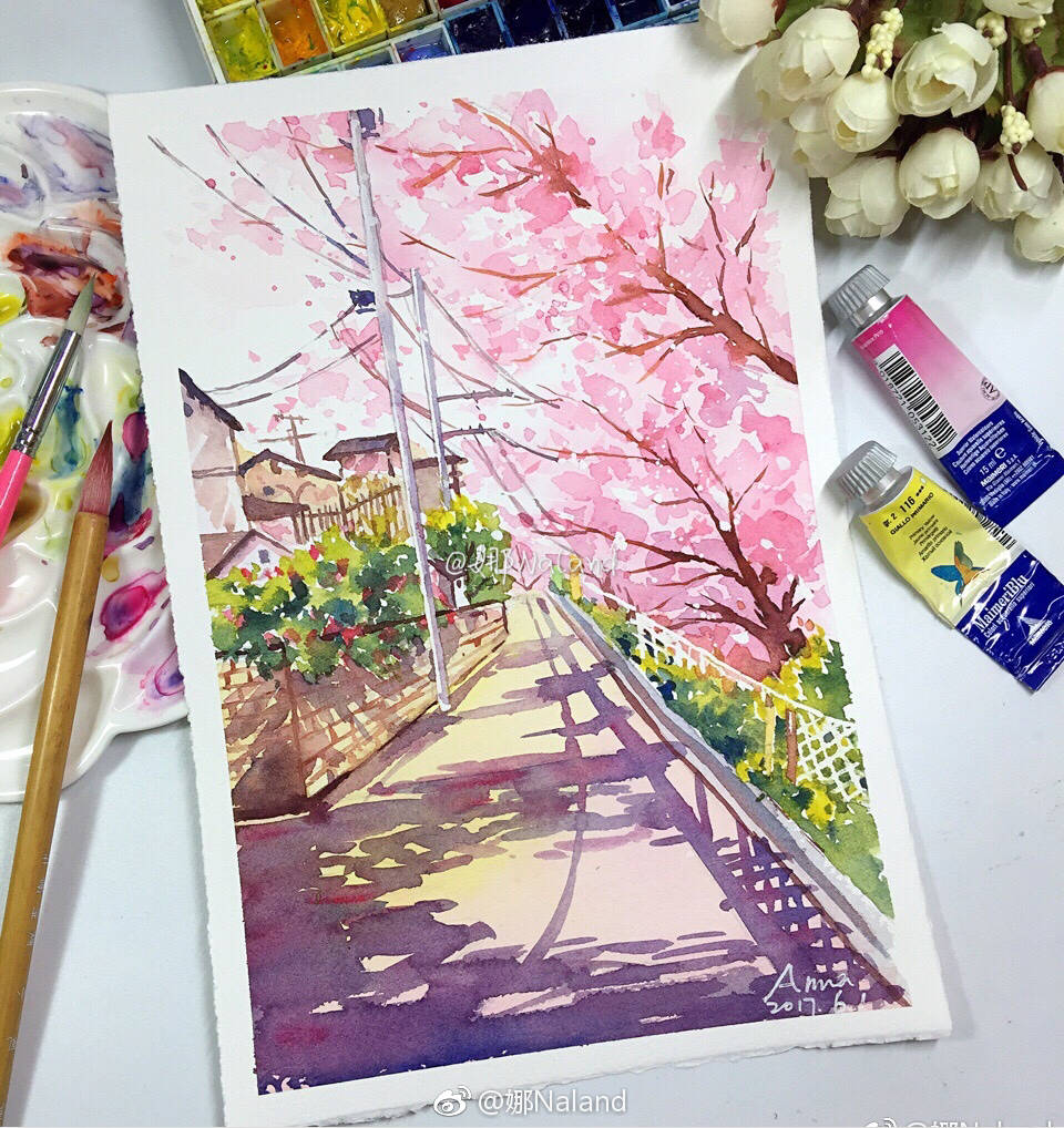 樱花画法水彩教程视频,樱花水彩视频