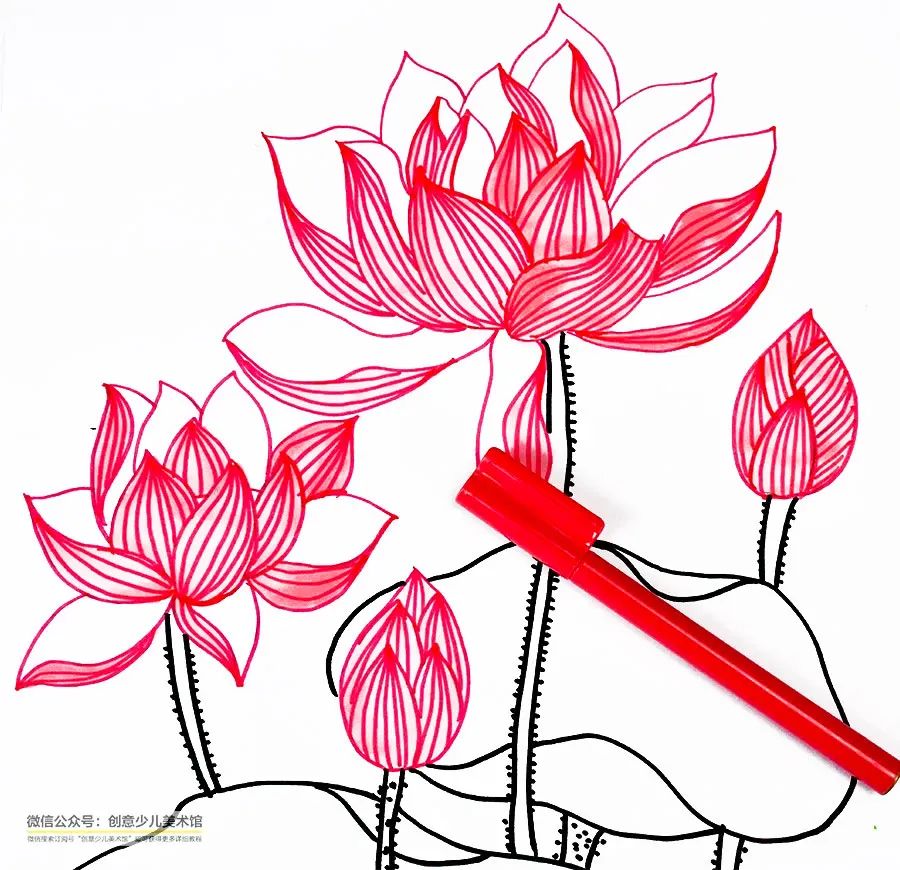 画夏天的荷叶和荷花,儿童画夏天的风景画荷花