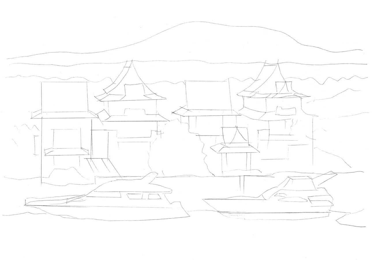 中国古代建筑手绘线稿步骤图,尺规手绘建筑平面图的绘制步骤