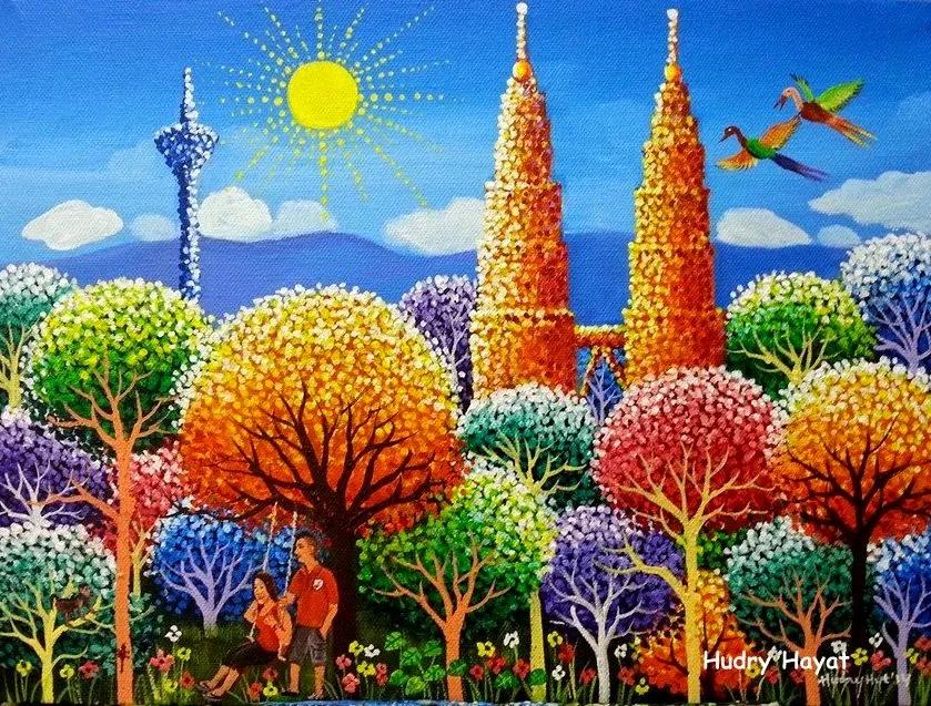 水粉点画法风景图片,水粉点画法风景