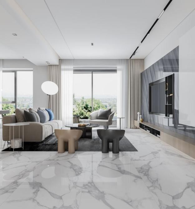 家用瓷砖怎么选高级感,极简柔光瓷砖通铺搭配效果图