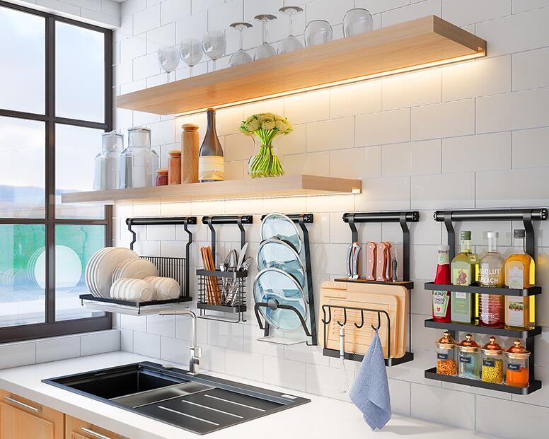 厨房壁挂式免打孔收纳用具置物架,抹布架收纳沥水多功能厨房置物架