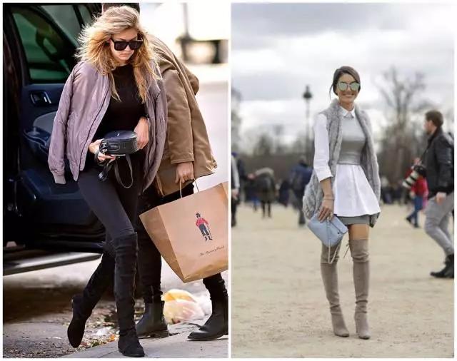 烟灰色牛仔裤怎么搭过膝靴,小香风皮毛外套搭配牛仔裤过膝靴