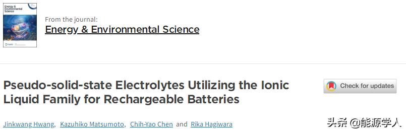 EES综述——离子液体族准固态电解质在二次电池中的应用