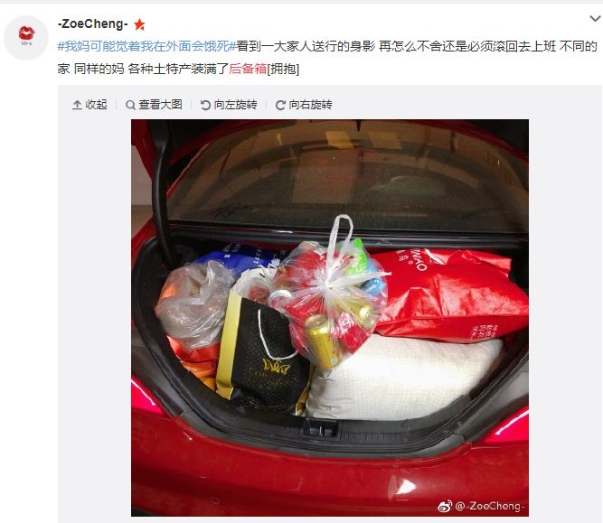 回家过年返程时的后备箱,离家时后备箱装满父母的爱