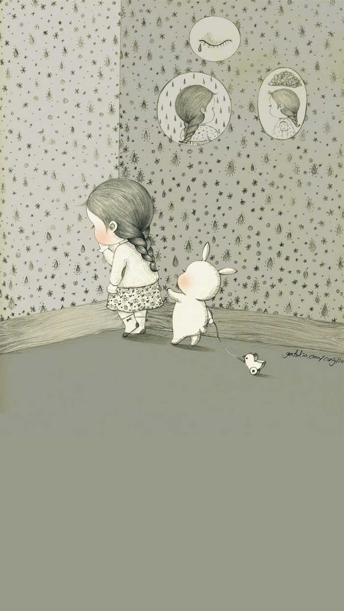 少女与兔子插画,兔子手绘创意插画