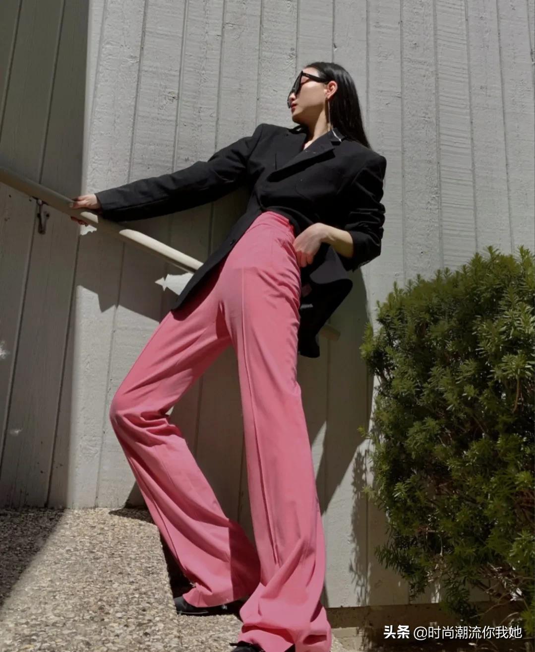 夏天穿马卡龙色系的长裤,马卡龙紫色裤子搭配