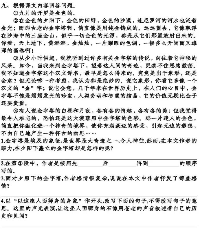 部编版五年级下册语文金字塔教案,语文书五年级下册第20课课后练习