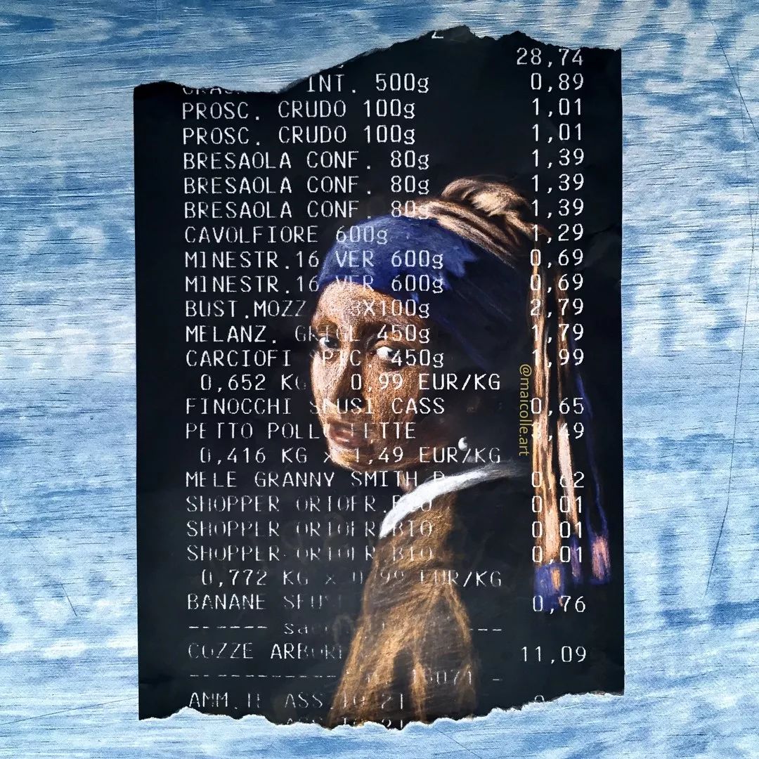 画纸用光了？多去几趟超市就有了。他把购物小票秒变成世界名画