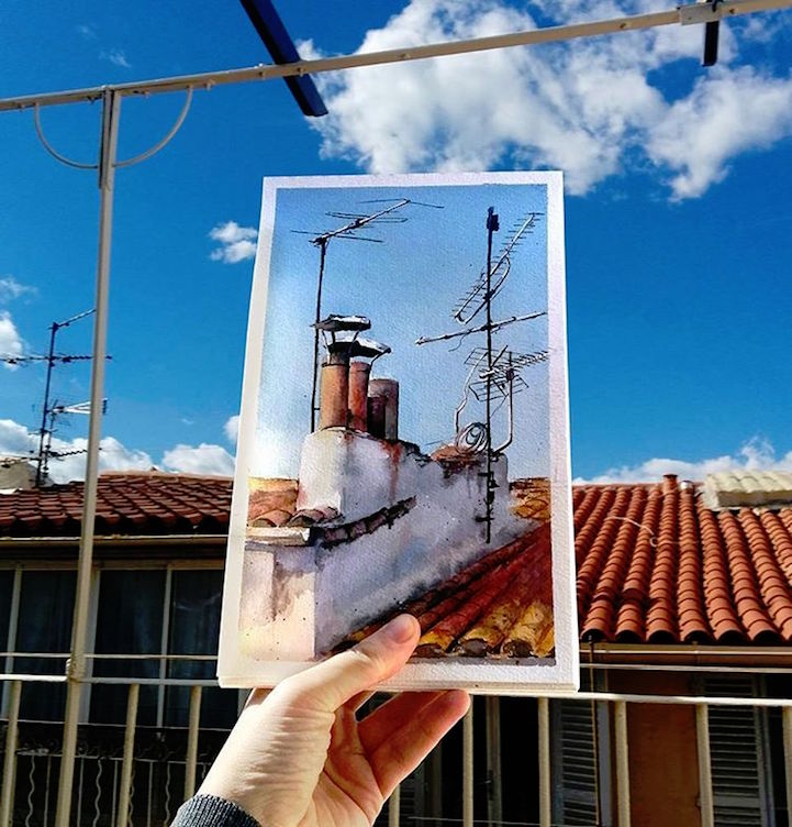 世界水彩画家风景写生,艺术家的画细节