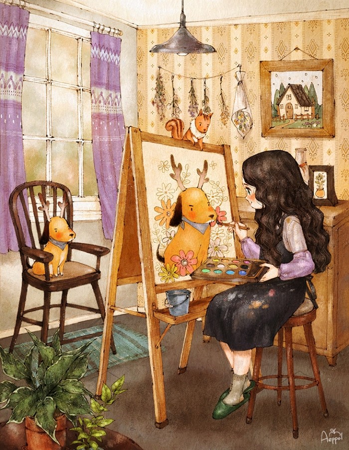 韩国插画师森林女孩日记图文,水彩插画森林女孩日记