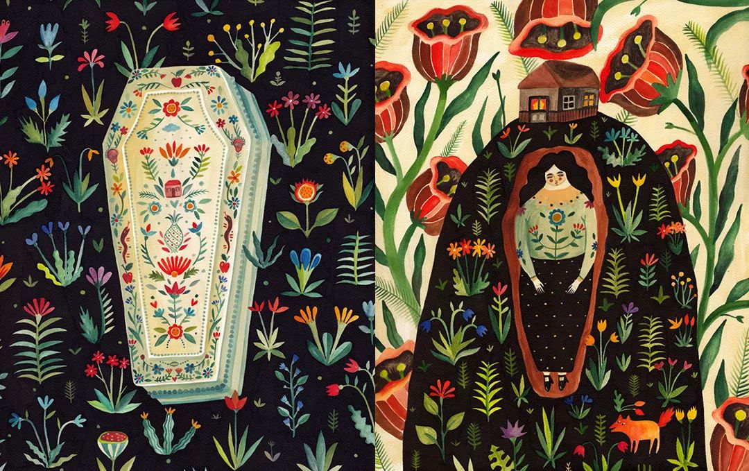 在诱人的民间插画中，艾奇将“不安”与花卉融为一体