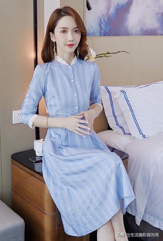 显瘦20斤的时尚衬衫领减龄连衣裙,格子衬衫式收腰显瘦连衣裙