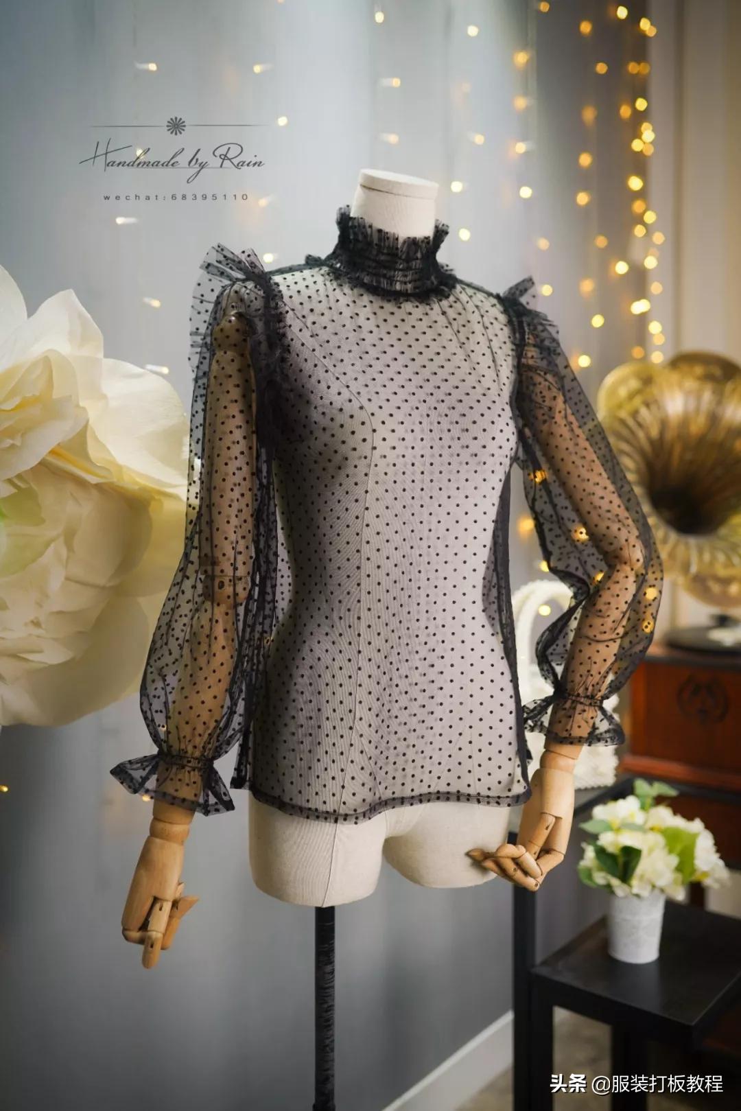 蕾丝半高领网纱打底衫制作,蕾丝高领拼接打底衫制作教程