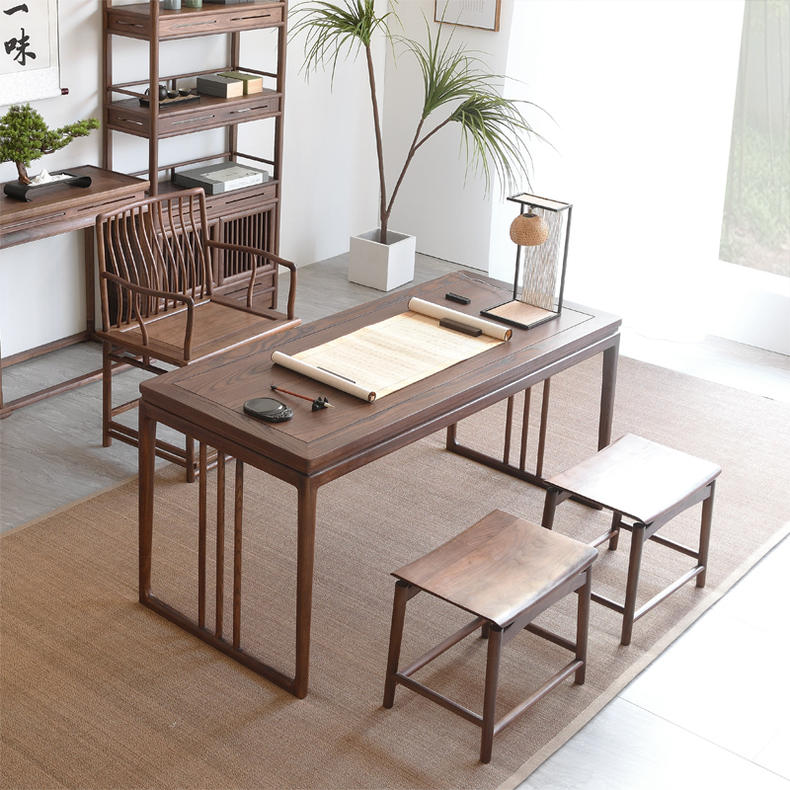 日式茶室书桌禅意设计,原木茶台书桌一体禅意