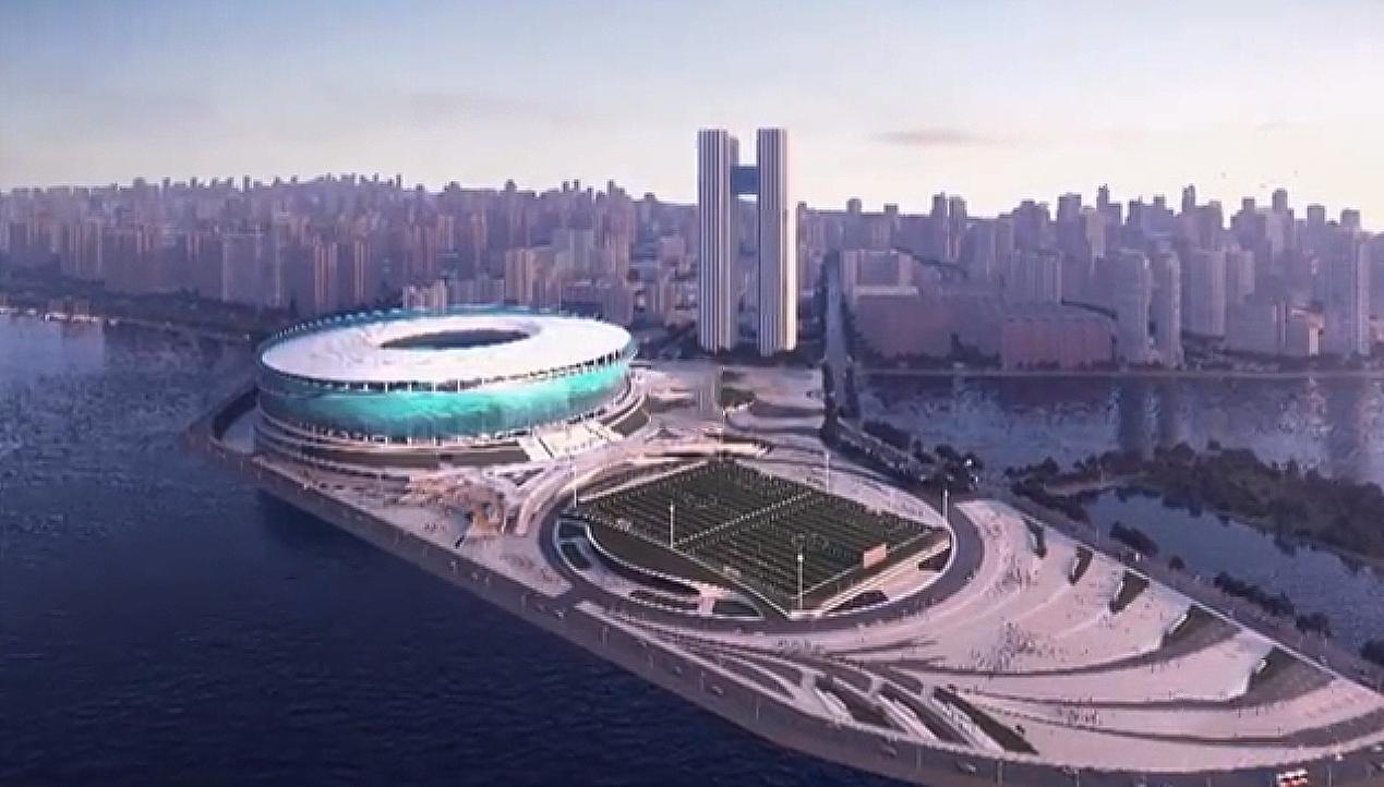 大连梭鱼湾专业足球场膜结构,鸟瞰大连梭鱼湾足球场