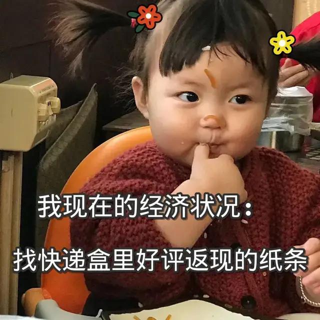 表情包：我现在的经济状况，找快递盒里好评返现的纸条。