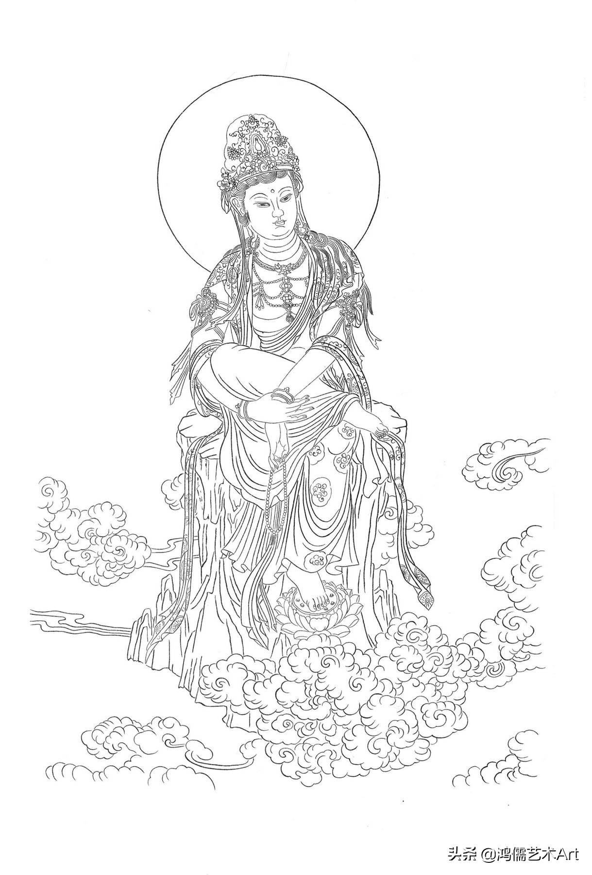 简单观音菩萨白描图片大全,工笔观世音菩萨基础画法步骤详解