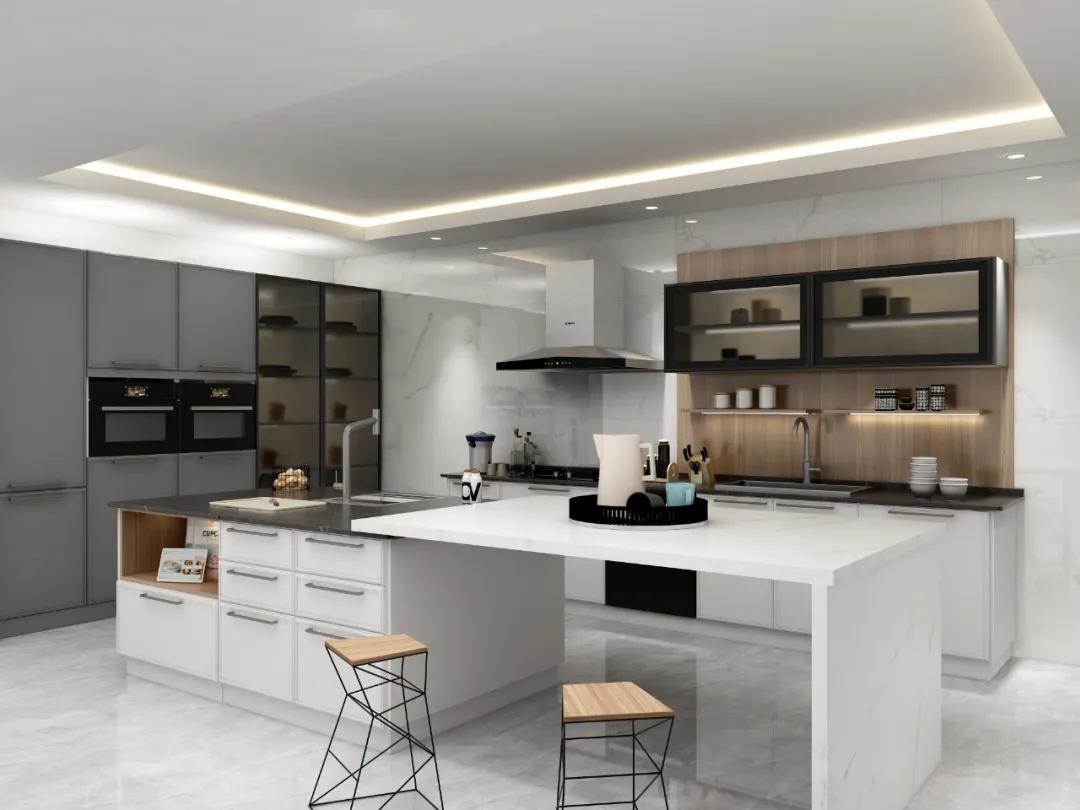 厨房设计吧台最新款,厨房直角吧台和推拉门一体效果图