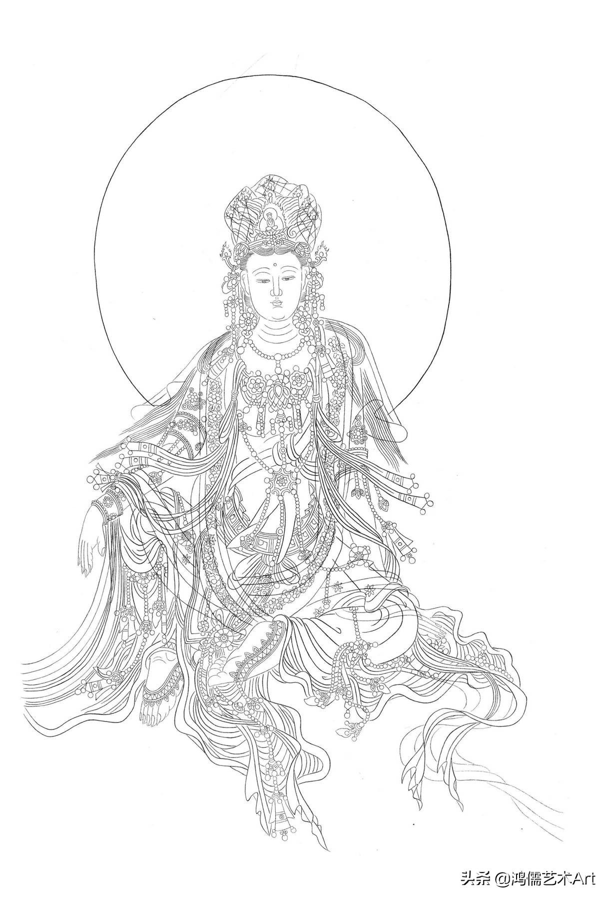 简单观音菩萨白描图片大全,工笔观世音菩萨基础画法步骤详解