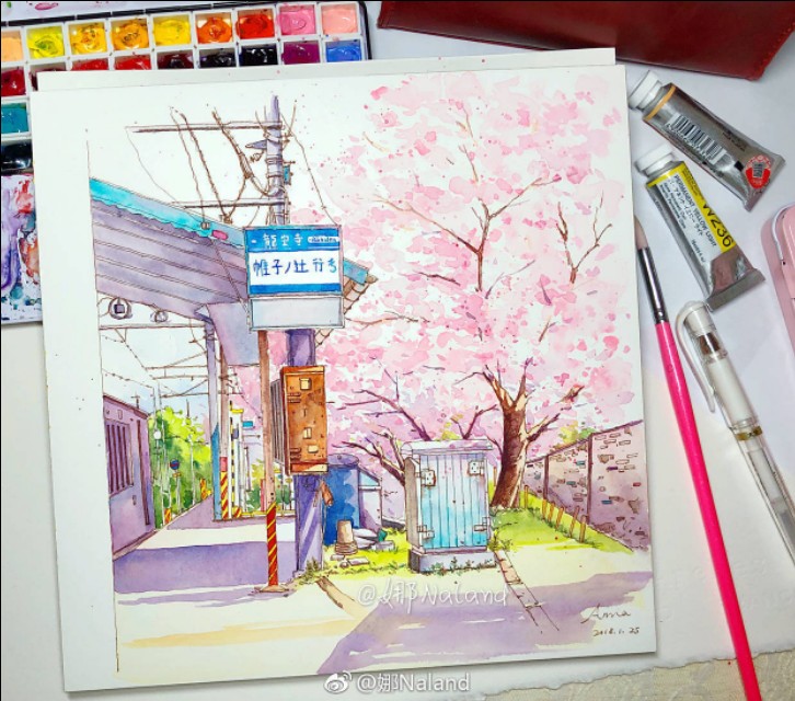 樱花画法水彩教程视频,樱花水彩视频