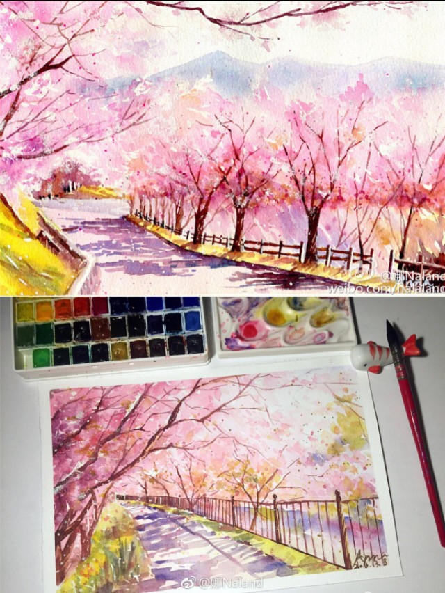 樱花画法水彩教程视频,樱花水彩视频