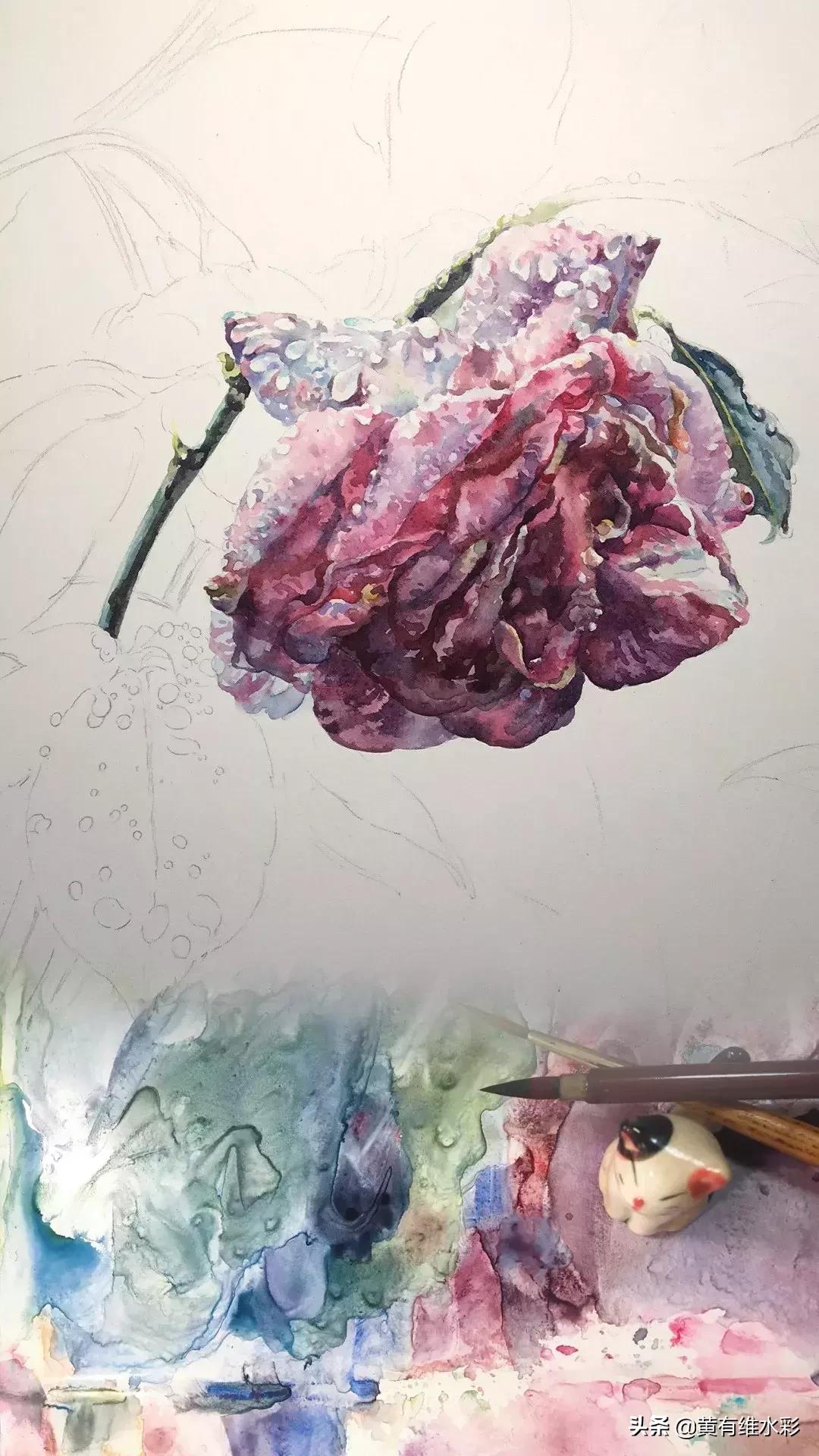 小清新水彩画玫瑰花,水彩画雨中玫瑰