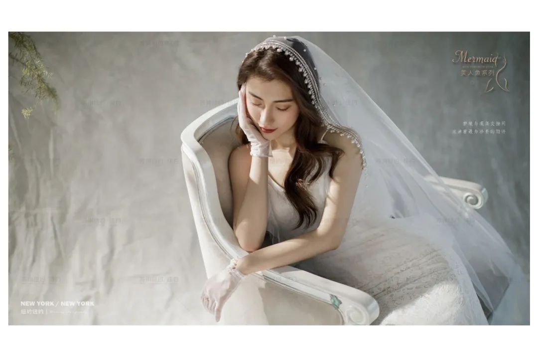 白色蝴蝶结油画婚纱照,森系油画风格婚纱照不戴帽子戴花